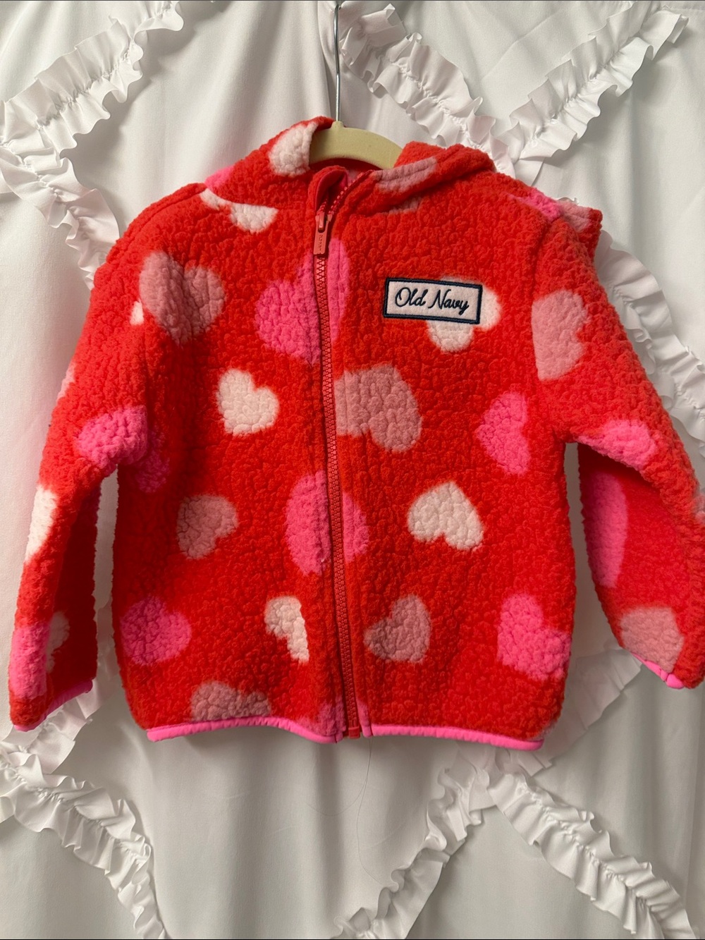 Old Navy Red and Pink Heart Fleece Zip-Up Hoodie